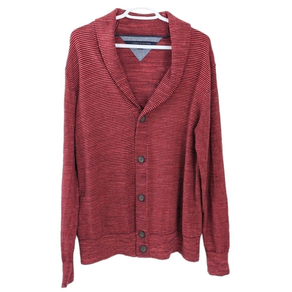 TOMMY Hilfiger red blue striped v neck cotton cardigan Large @B6